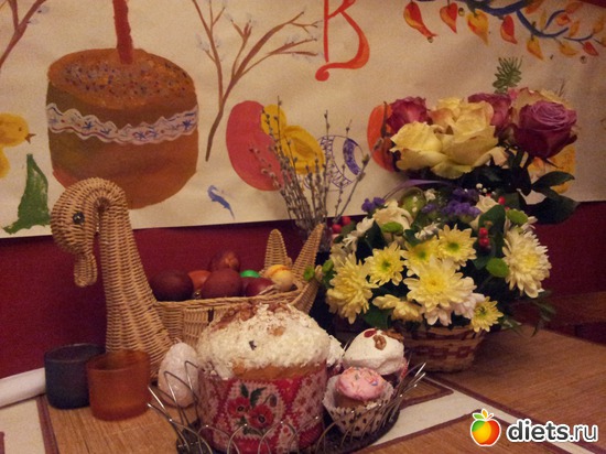 пасхальный теплый стол с нарисованным всей семьей панно, альбом: Архив