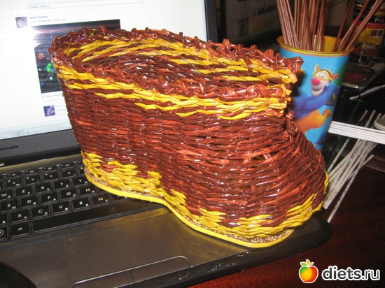 Башмак-кашпо (плетение из газетных трубочек), альбом: Мое хобби-работа РУКОДЕЛИЕ-плетение из бумажной лозы