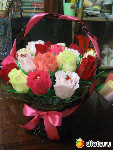 Корзина со "сладкими" розами, альбом: Мое хобби-работа РУКОДЕЛИЕ-плетение из бумажной лозы