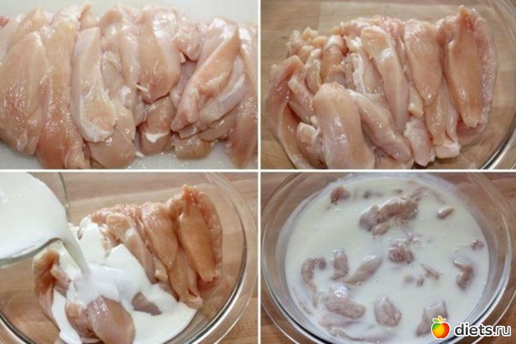 Тушеная куриная грудка в кефире На 100гр. продукта: Ккал: 85,7 Белки: 13,7 гр. Углеводы: 1,4 гр. Жиры: 2,6 гр., альбом: рецепты диетические