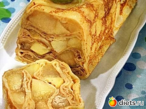 Блинчатый пирог с яблоками Калорийность: 110ккал/100г Белки: 1г/100г Жиры: 3г/100г Углеводы: 18г/100г