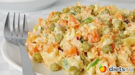 Салат из куриного мяса с морковью и зеленым горошком 115 ккал на 100 гр