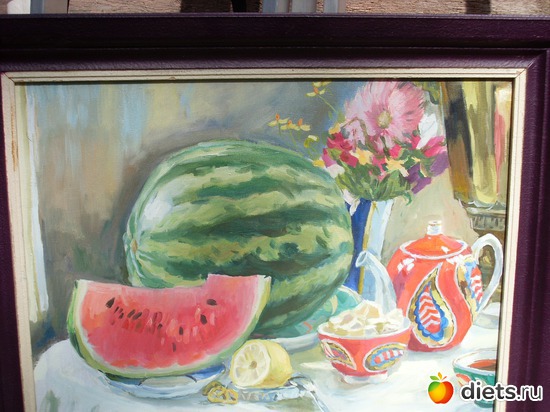 Натюрморт с арбузом 2015г., альбом: Работы внука Саввы(финифть)+ живопись