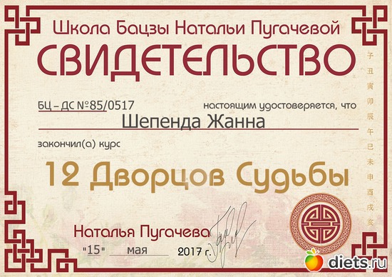 Сертификат о прохождении курса 12 дворцов у преподавателя Натальи Пугачевой., альбом: Астрология
